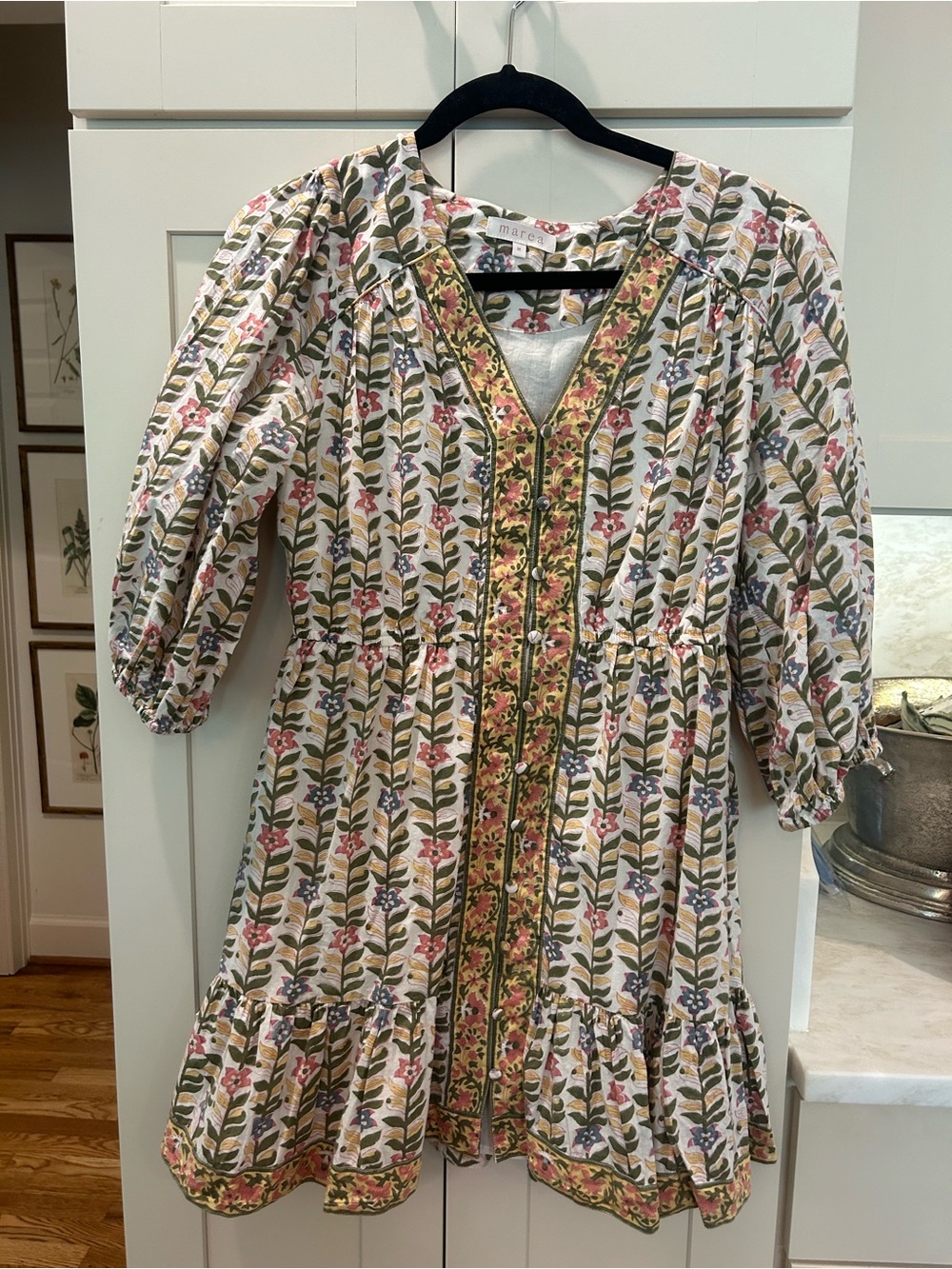 Marea Sienna Marigold Floral V-Neck Tiered Mini Dress - Pink & Green